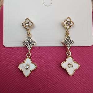 Lucky Clover, Flower, White Pierced Earrings. New